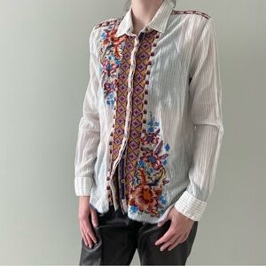 Johnny Was Workshop Button Down with Colorful Embroidery